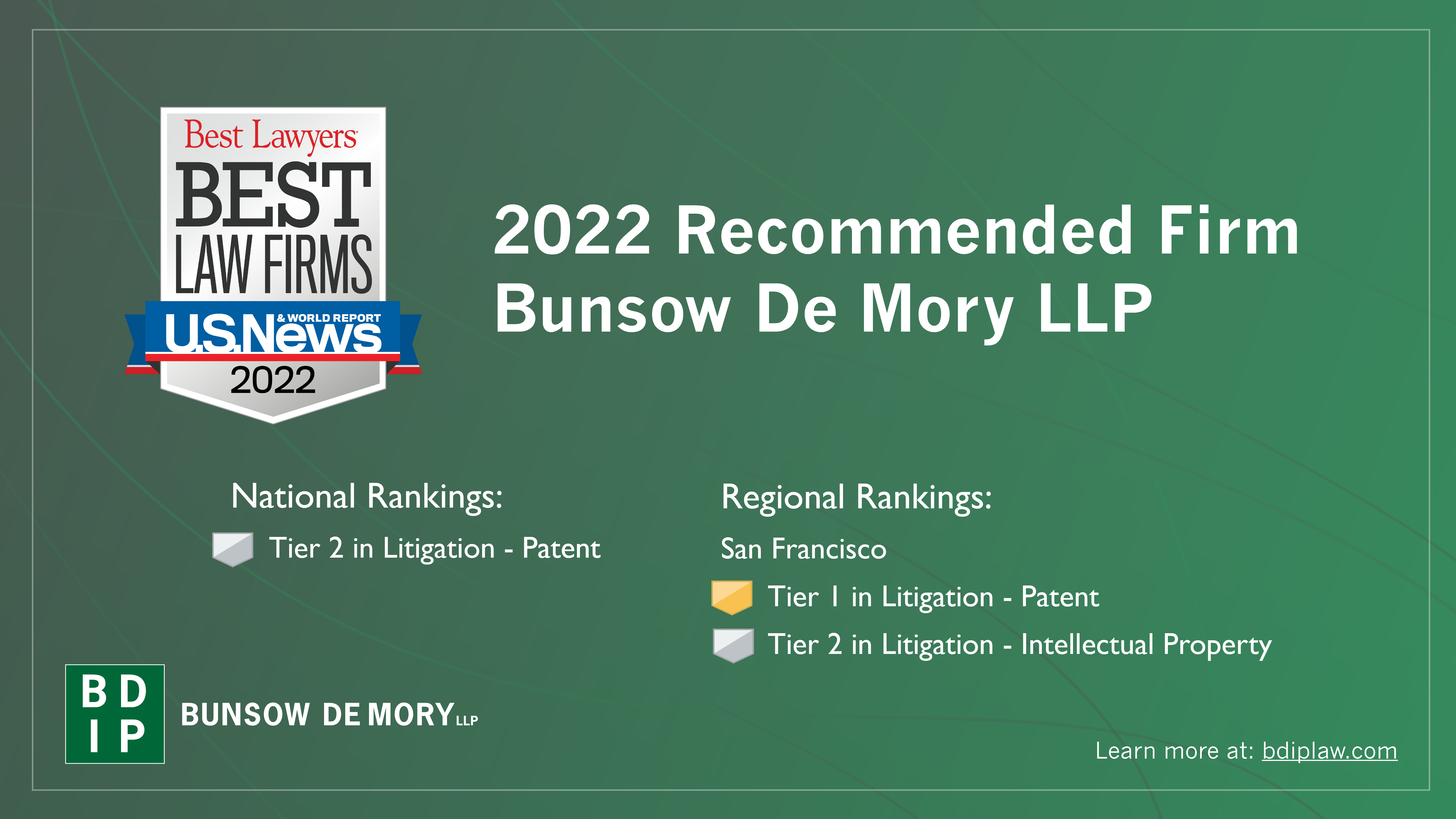 Bunsow De Mory Named Among “Best Law Firms” by U.S. News and World Report and Best Lawyers® in 2022 for Intellectual Property and Patent Litigation